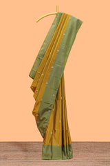 Mustard striped floral zari motifs design semi soft silk saree with contrast zari border and blouse