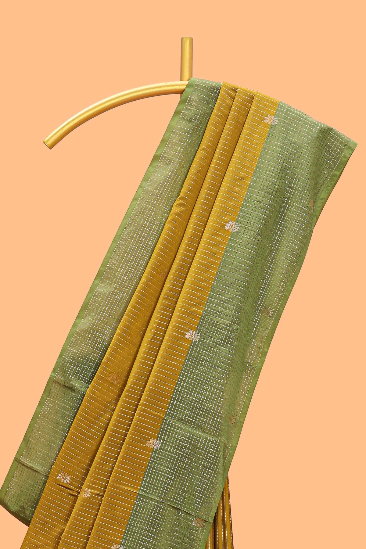 Mustard striped floral zari motifs design semi soft silk saree with contrast zari border and blouse