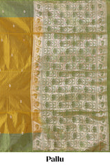 Mustard striped floral zari motifs design semi soft silk saree with contrast zari border and blouse