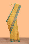 Mustard checked leaf zari motifs design semi soft silk saree with contrast zari border and blouse