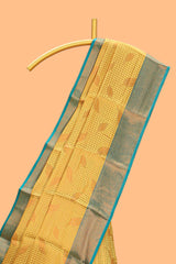 Mustard checked leaf zari motifs design semi soft silk saree with contrast zari border and blouse
