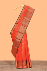 Orange checked leaf zari motifs design semi soft silk saree with contrast zari border and blouse