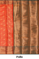 Orange checked leaf zari motifs design semi soft silk saree with contrast zari border and blouse
