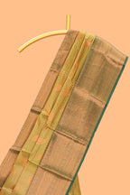 Green checked zari motifs design semi soft silk saree with contrast border and zari blouse