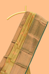 Green checked zari motifs design semi soft silk saree with contrast border and zari blouse