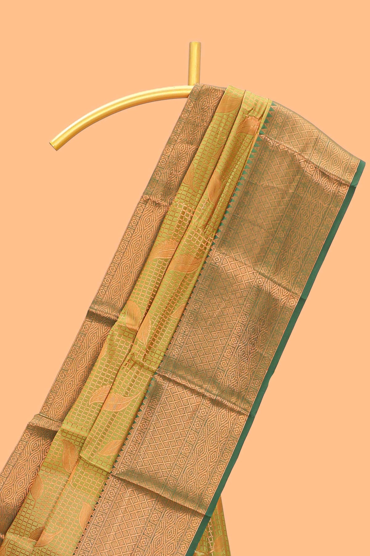 Green checked zari motifs design semi soft silk saree with contrast border and zari blouse