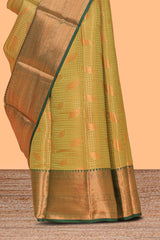 Green checked zari motifs design semi soft silk saree with contrast border and zari blouse