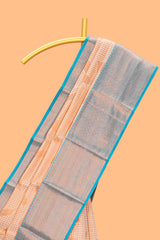 Peach checked leaf zari motifs design semi soft silk saree with contrast zari border and blouse