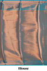 Peach checked leaf zari motifs design semi soft silk saree with contrast zari border and blouse