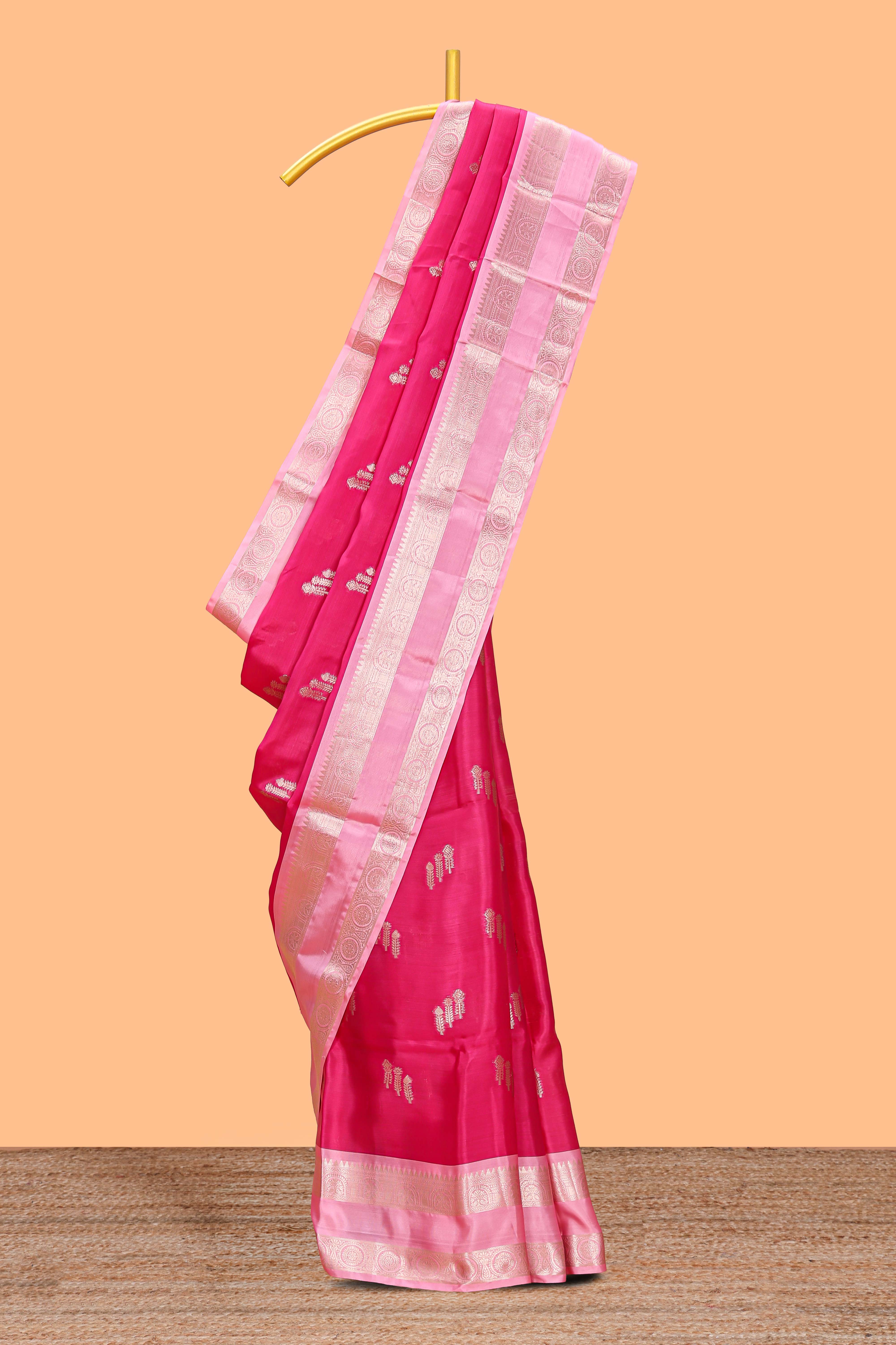 Pink floral zari motifs design semi soft silk saree with contrast zari border and blouse