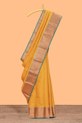 yellow shade zari motifs design semi soft silk saree with contrast border and matching motifs contrast blouse