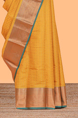 yellow shade zari motifs design semi soft silk saree with contrast border and matching motifs contrast blouse