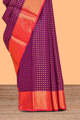 Violet shade zari motifs design semi soft silk saree with contrast border and matching motifs contrast blouse