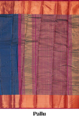Royal blue shade zari motifs design semi soft silk saree with contrast border and matching motifs contrast blouse