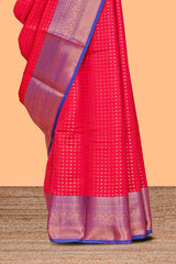Rani pink shade zari motifs design semi soft silk saree with contrast border and matching motifs contrast blouse