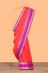Coral pink Semi Soft Silk Saree delicate butta motifs with contrasting pallu elegant zari border along with contrast buttas blouse