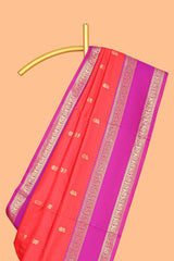 Coral pink Semi Soft Silk Saree delicate butta motifs with contrasting pallu elegant zari border along with contrast buttas blouse