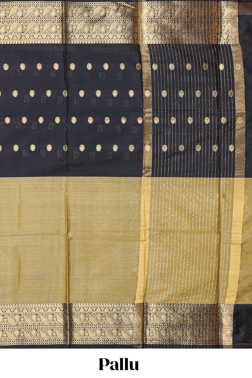 Black Semi Soft Silk Saree butta detailing rich gold zari borders traditional paisley motifs along with matching blouse