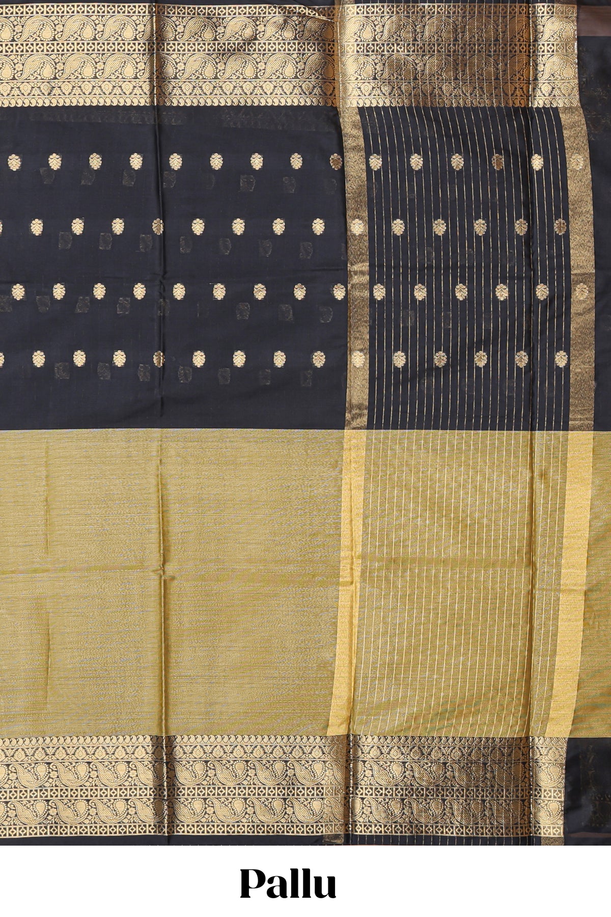 Black Semi Soft Silk Saree butta detailing rich gold zari borders traditional paisley motifs along with matching blouse
