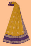 Mustard checked floral zari motifs design semi soft silk saree with contrast border and zari blouse