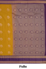 Mustard checked floral zari motifs design semi soft silk saree with contrast border and zari blouse