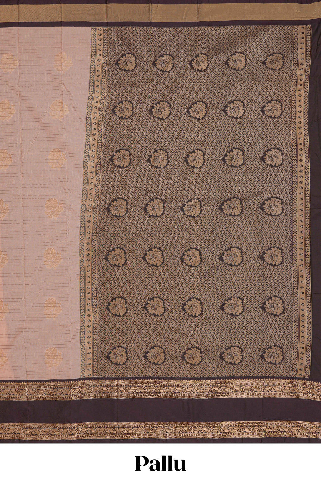 Peach checked floral zari motifs design semi soft silk saree with contrast border and zari blouse
