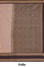 Peach checked floral zari motifs design semi soft silk saree with contrast border and zari blouse