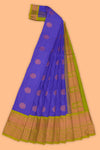 Blue checked floral zari motifs design semi soft silk saree with contrast border and zari blouse