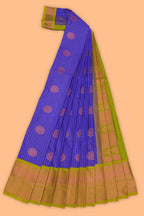 Blue checked floral zari motifs design semi soft silk saree with contrast border and zari blouse