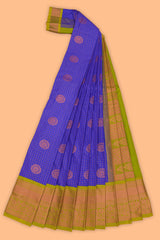Blue checked floral zari motifs design semi soft silk saree with contrast border and zari blouse
