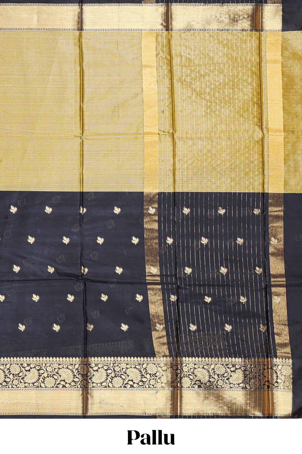 Black floral butta detailed Semi Soft Silk Saree with rich gold floral zari borders along with matching blouse