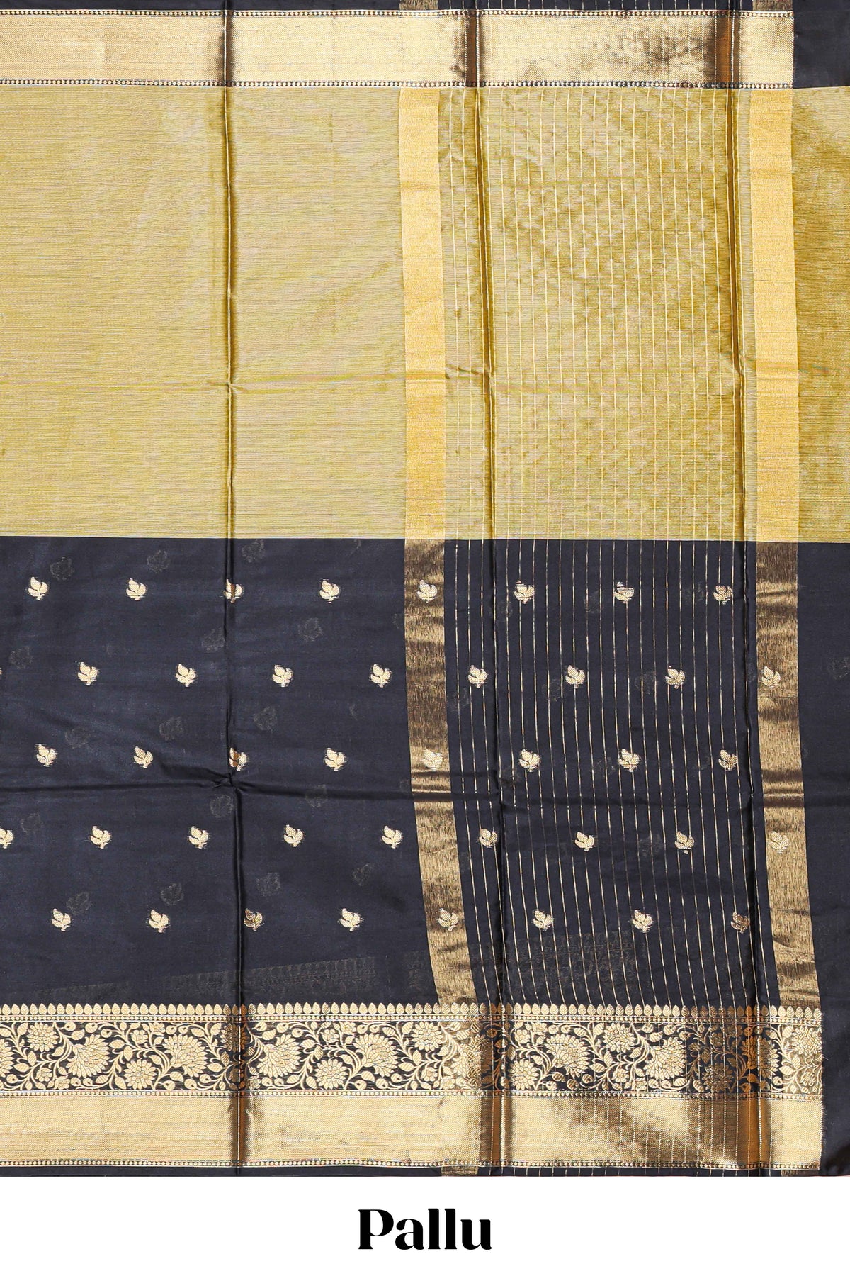 Black floral butta detailed Semi Soft Silk Saree with rich gold floral zari borders along with matching blouse