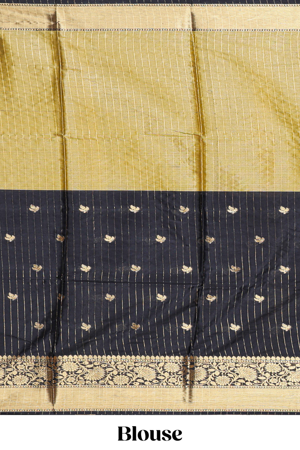 Black floral butta detailed Semi Soft Silk Saree with rich gold floral zari borders along with matching blouse