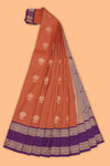 Rust orange checked floral zari motifs design semi soft silk saree with contrast border and zari blouse