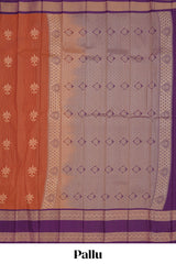 Rust orange checked floral zari motifs design semi soft silk saree with contrast border and zari blouse