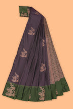 Violet stripes zari motifs design semi soft silk saree with contrast border and zari blouse