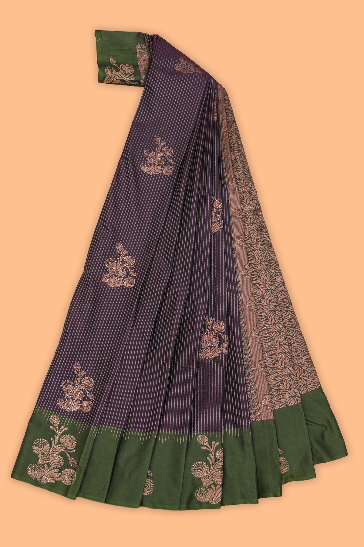 Violet stripes zari motifs design semi soft silk saree with contrast border and zari blouse