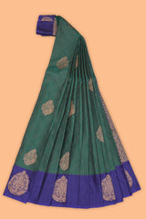 Green stripes zari motifs design semi soft silk saree with contrast border and zari blouse