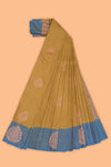 Mustard stripes zari motifs design semi soft silk saree with contrast border and zari blouse