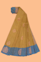 Mustard stripes zari motifs design semi soft silk saree with contrast border and zari blouse