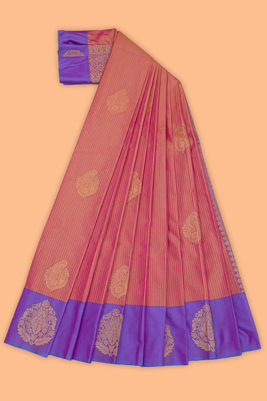 Pink stripes zari motifs design semi soft silk saree with contrast border and zari blouse