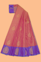 Pink stripes zari motifs design semi soft silk saree with contrast border and zari blouse