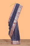 Blue striped floral design semi soft silk saree with contrast border and blouse