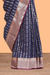 Blue striped floral design semi soft silk saree with contrast border and blouse
