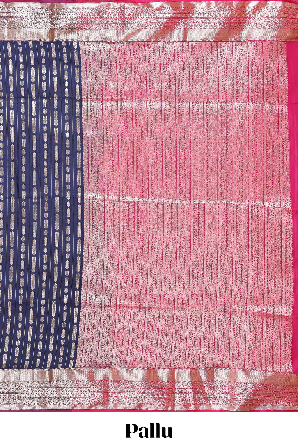 Blue striped floral design semi soft silk saree with contrast border and blouse