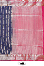 Blue striped floral design semi soft silk saree with contrast border and blouse