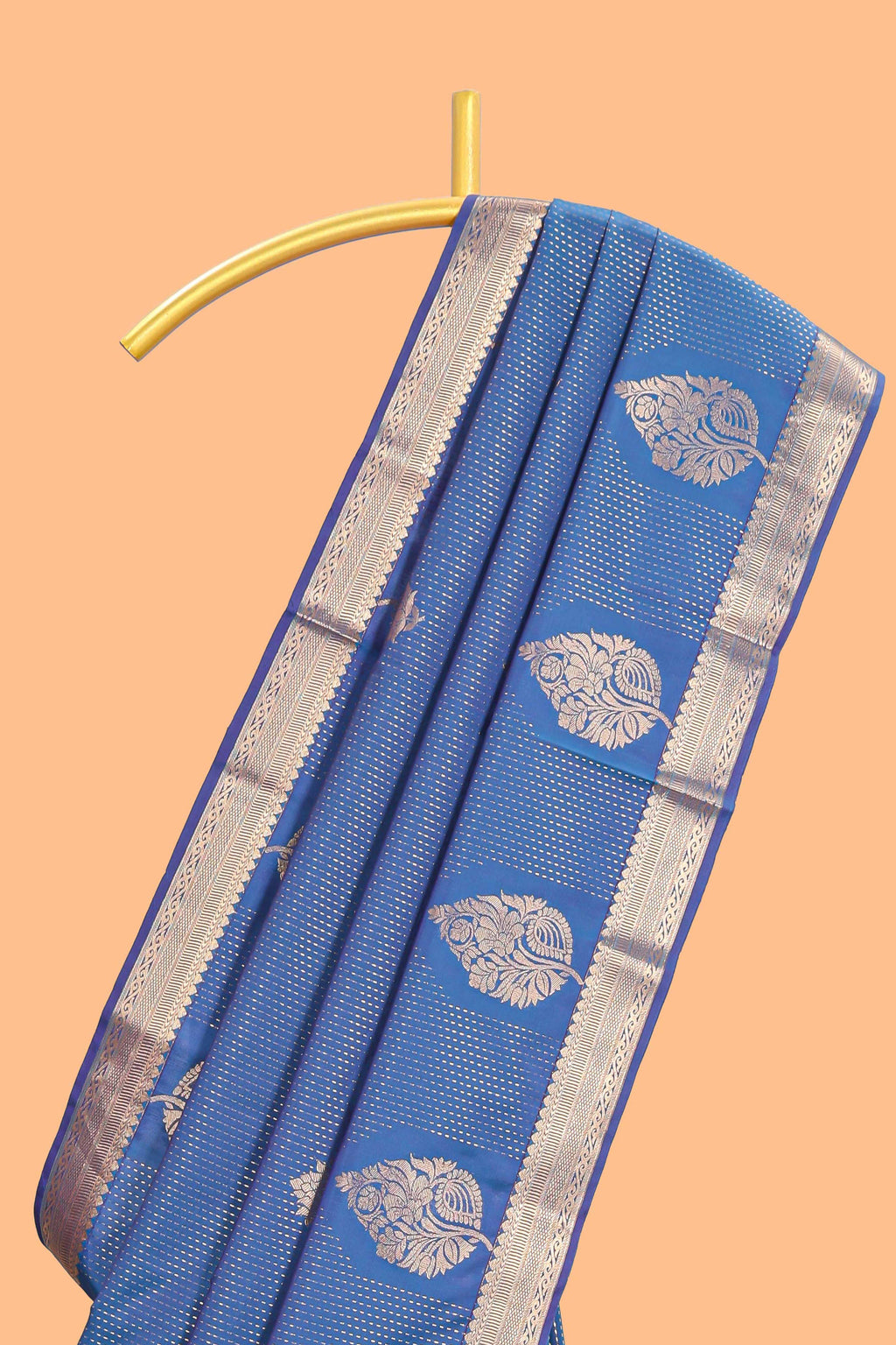Blue floral design motifs semi soft silk saree with self border and contrast blouse