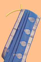 Blue floral design motifs semi soft silk saree with self border and contrast blouse