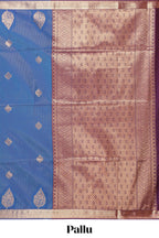 Blue floral design motifs semi soft silk saree with self border and contrast blouse