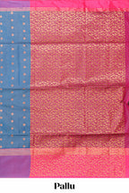 Steel blue checked floral design motifs semi soft silk saree with contrast border and blouse